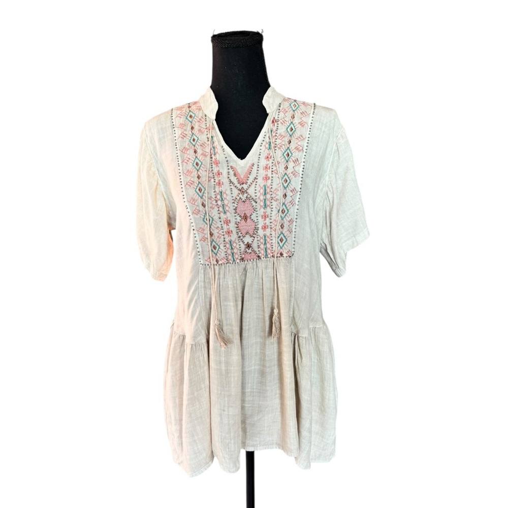 Raya Sun Boho Embroidered Peasant Tunic Top Linen Cotton Festival Bohemian M35